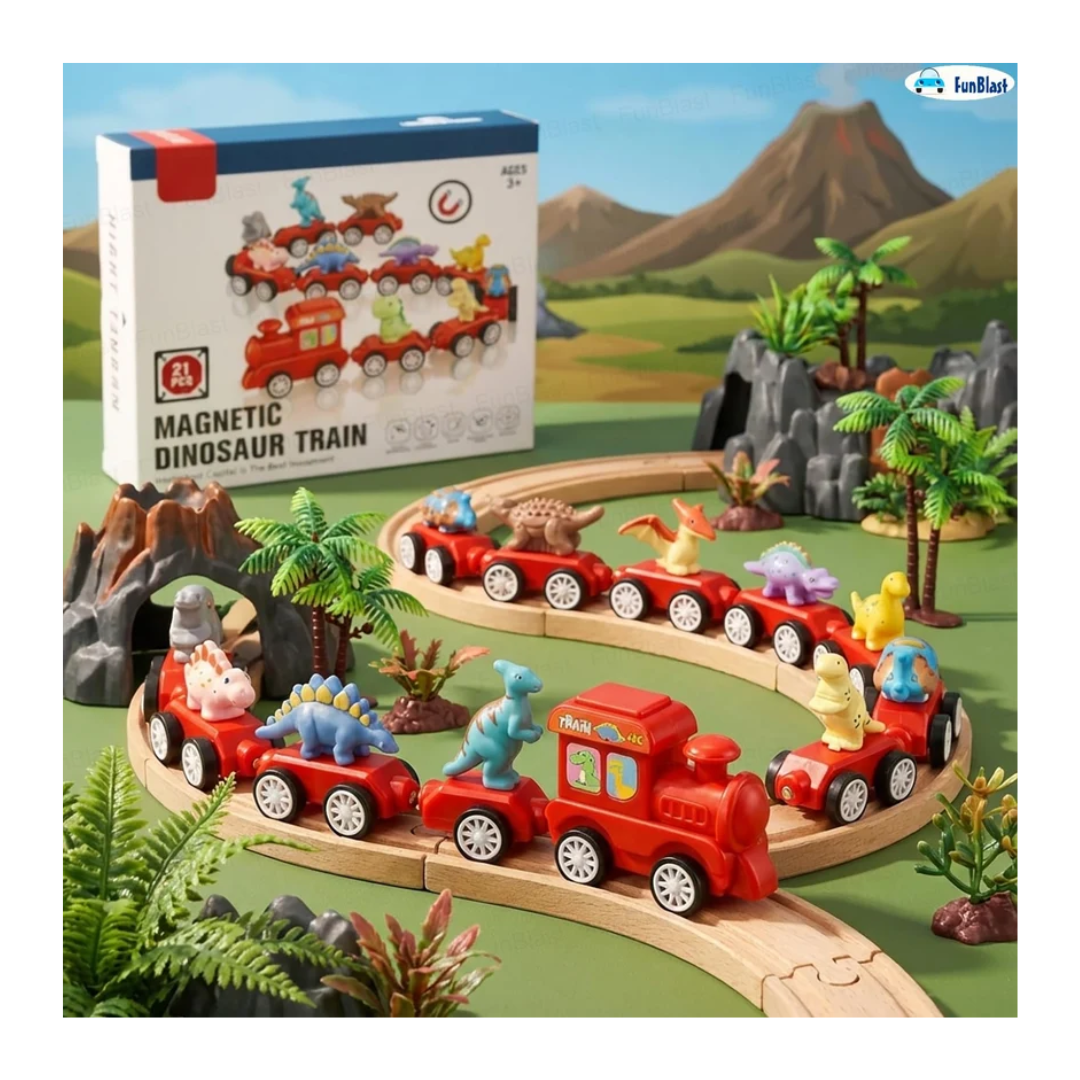Magnetic Dinosaur Train Toy – 21 Pcs Dinosaur Educational Train Set for Kids 3+