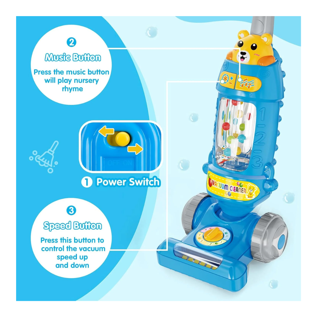 Cute Bear Magical Vacuum Cleaner Toy with Interactive Lights, Melodies & Floor Roller for Kids