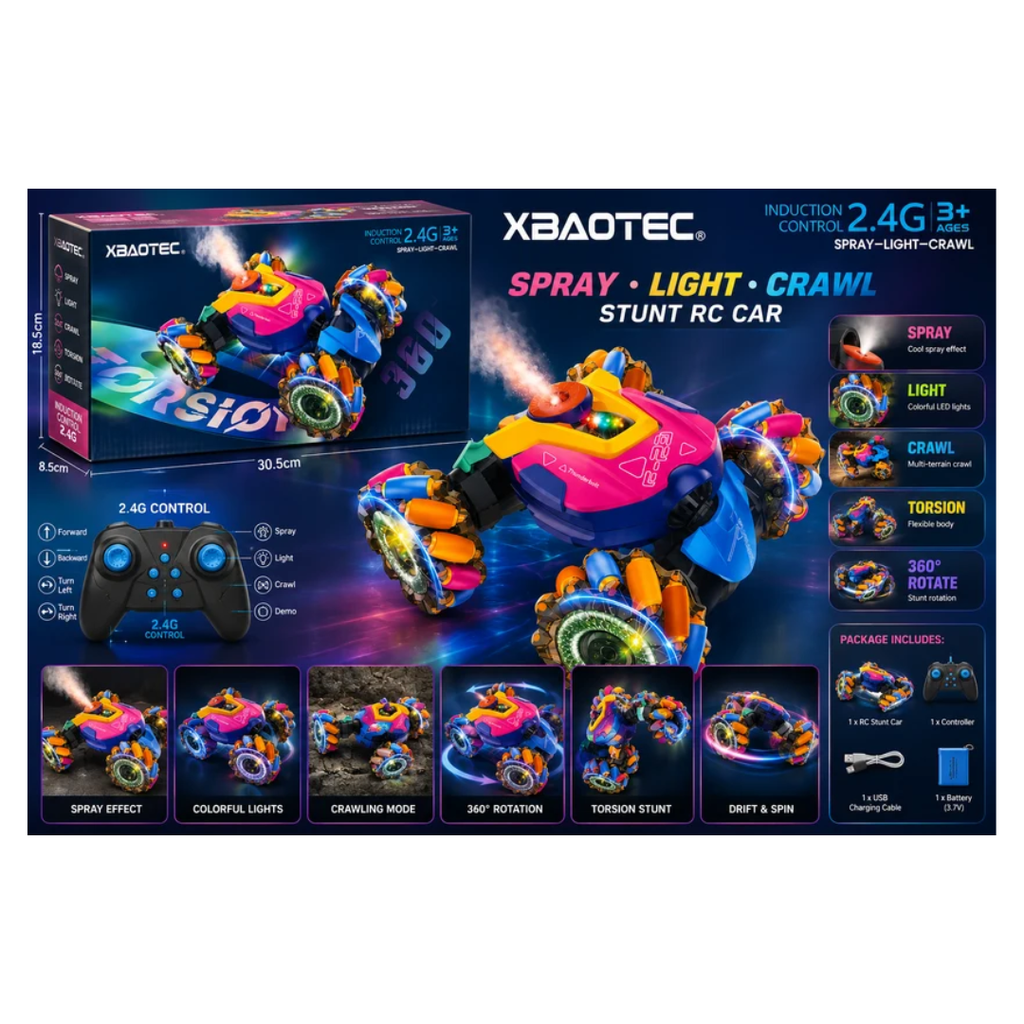 XBAOTEC 2.4G Induction Remote Control Spray & Light Stunt Car for Kids