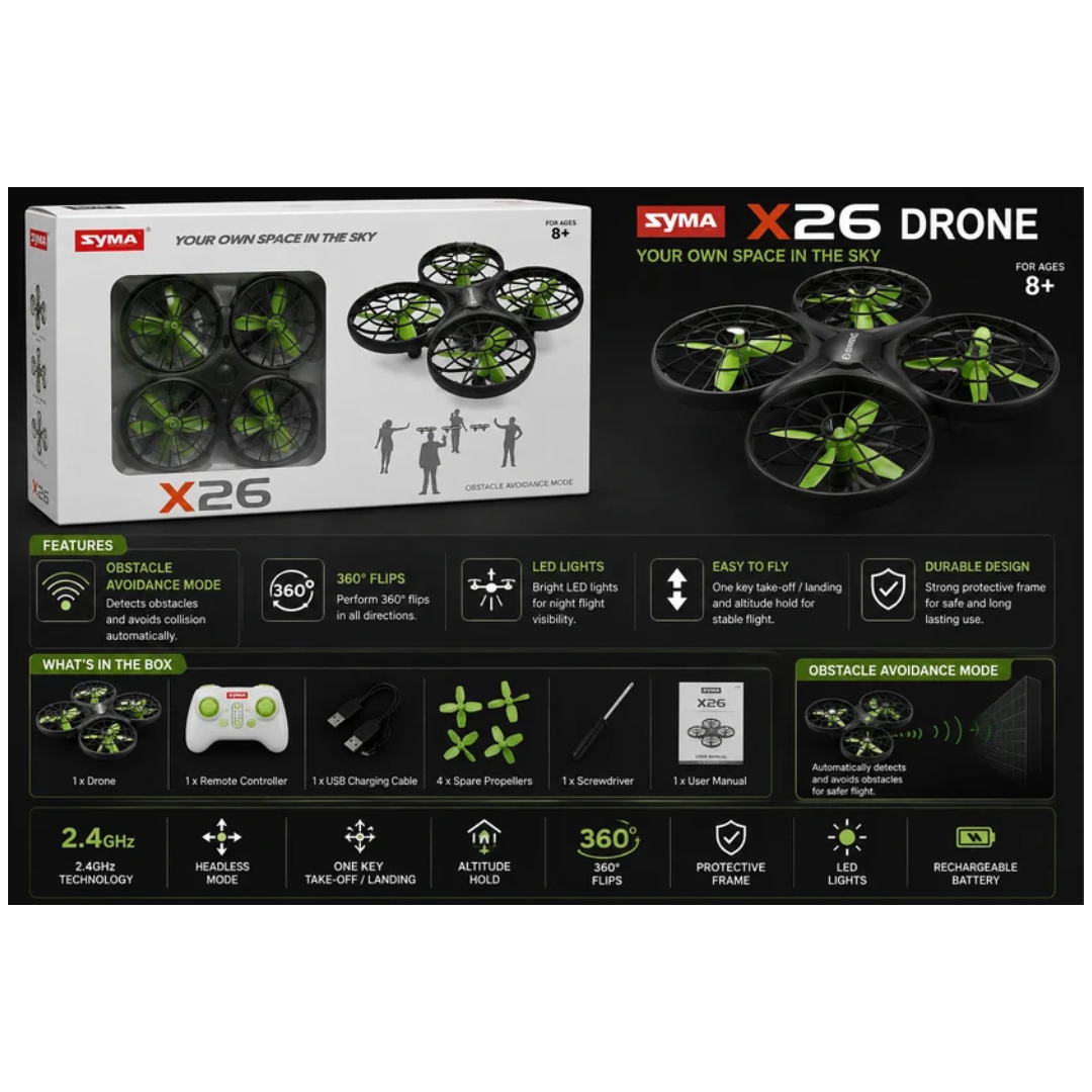 SYMA X26 Mini RC Drone with Obstacle Avoidance, Auto Hover & 360° Flips – 2.4GHz | 8+ Years