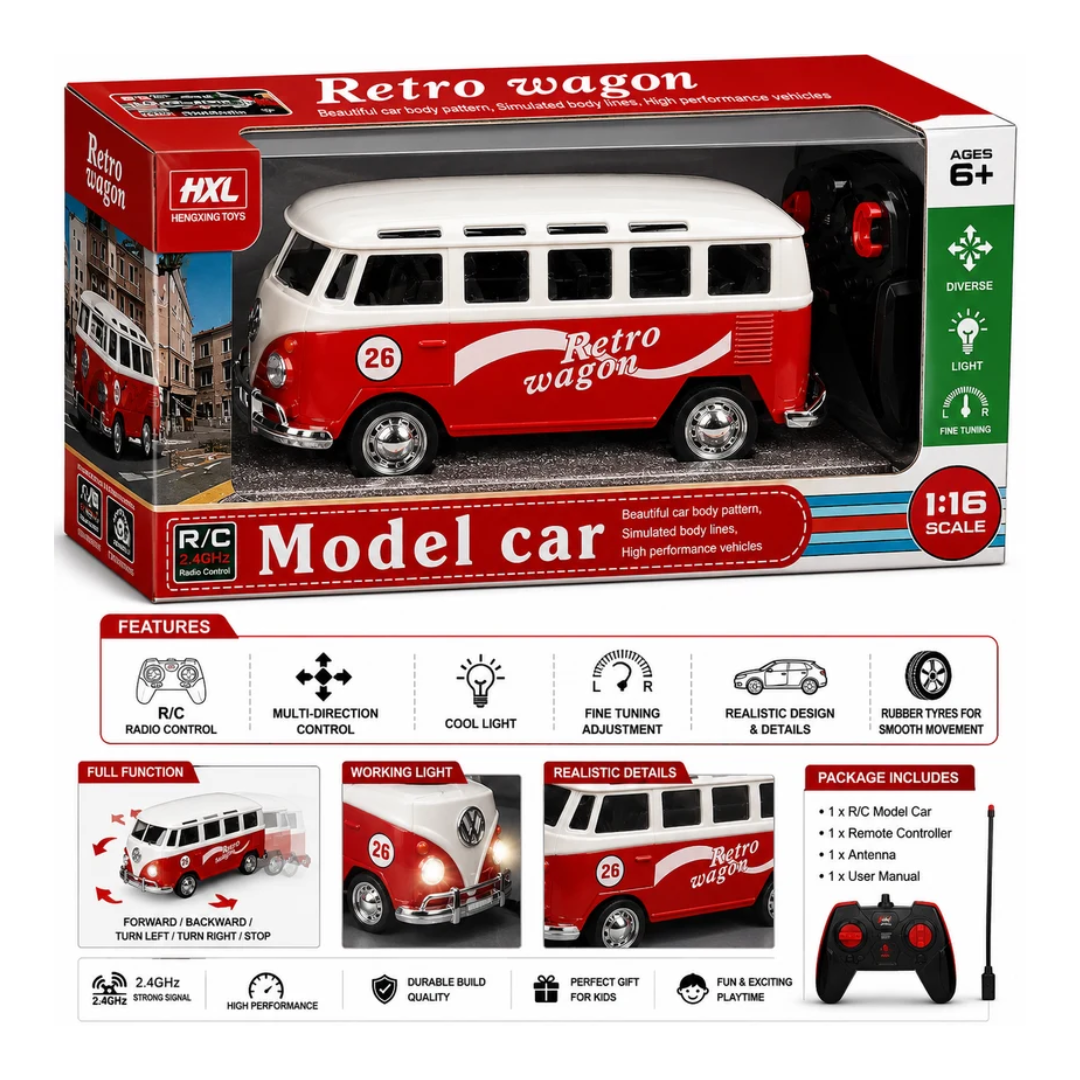 Retro Wagon 1:16 Scale Remote Control Model Car with Lights – Red & White