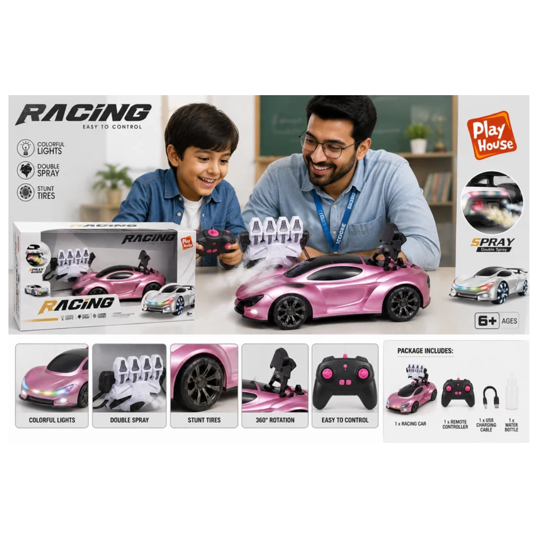 Rainbow Toys Racing Remote Control Stunt Car with Double Spray & Colorful Lights – Pink