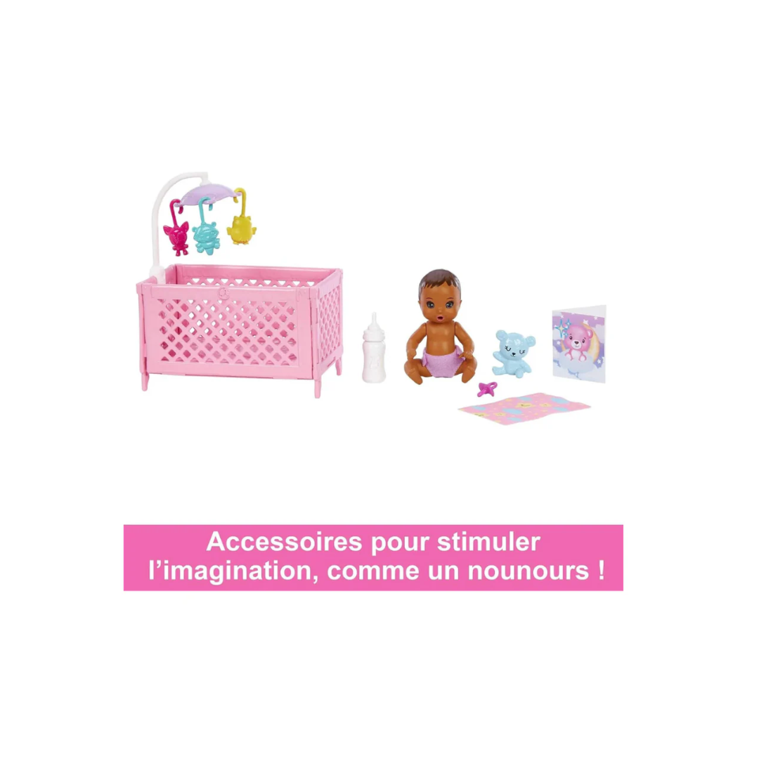 Barbie Skipper Babysitters Crib Playset With Latina Friend Doll, Baby Doll with Sleepy Eyes, Furniture and Themed Accessories