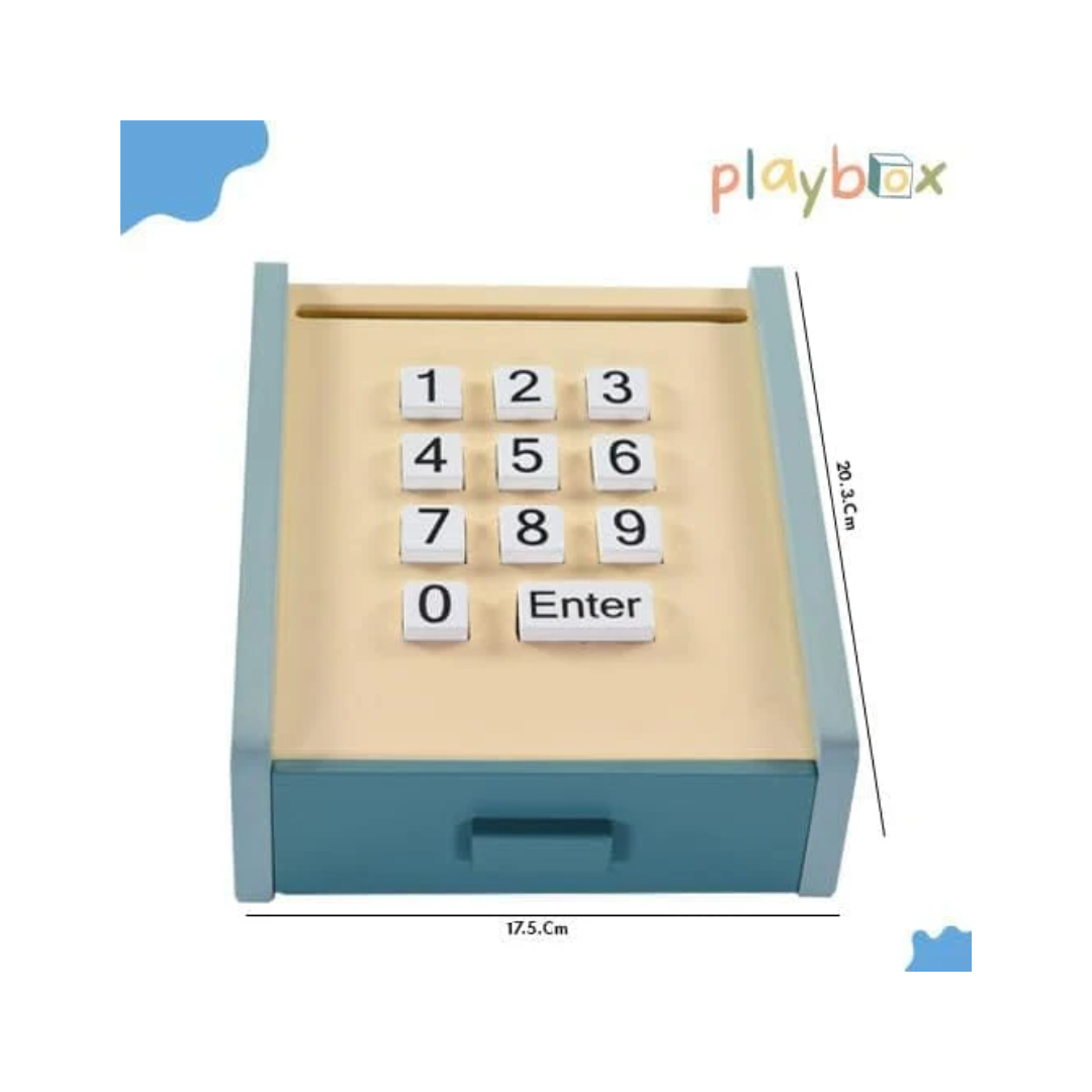 Playblox Funny Money Wooden Cash Register Playset – Interactive Cashier Toy with Wooden Coins, Pretend Currency Notes, Credit Card & Pull-Out Drawer for Toddlers