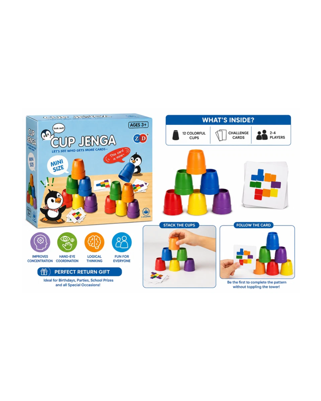Cup Jenga Mini Game for Kids Stacking Balance Game with Challenge Cards  2–4 Players
