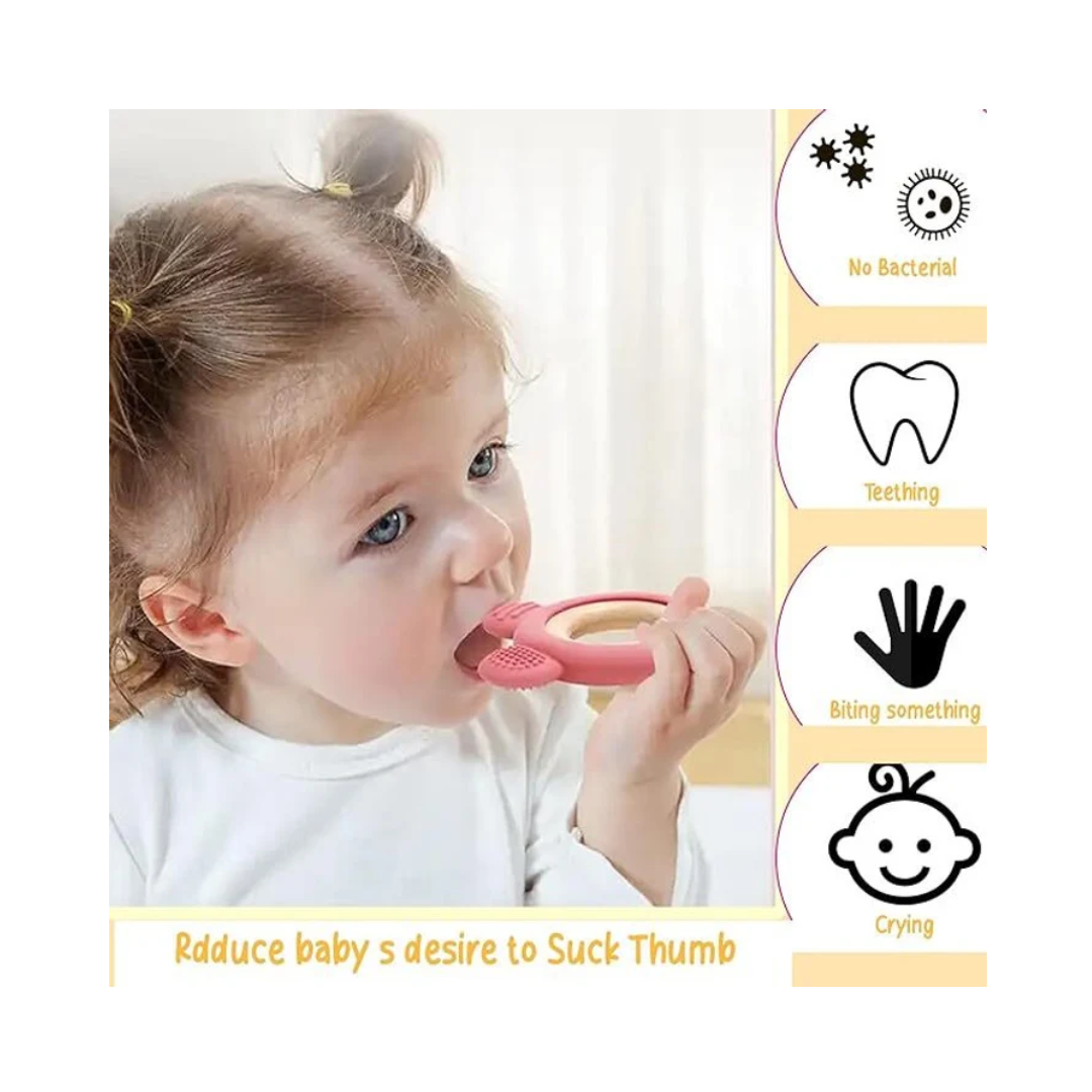 Playblox Flower Teether – 100% Food-Grade Silicone & Natural Beech Wood Soothing Teething Ring for Babies, Non-Toxic Easy-Grip Sensory Toy, 1 Count