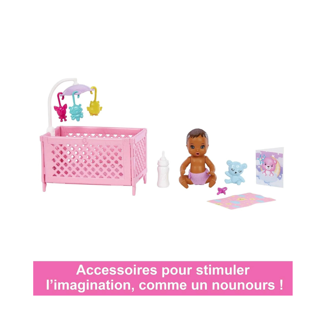 Barbie Skipper Babysitters Crib Playset With Latina Friend Doll, Baby Doll with Sleepy Eyes, Furniture and Themed Accessories