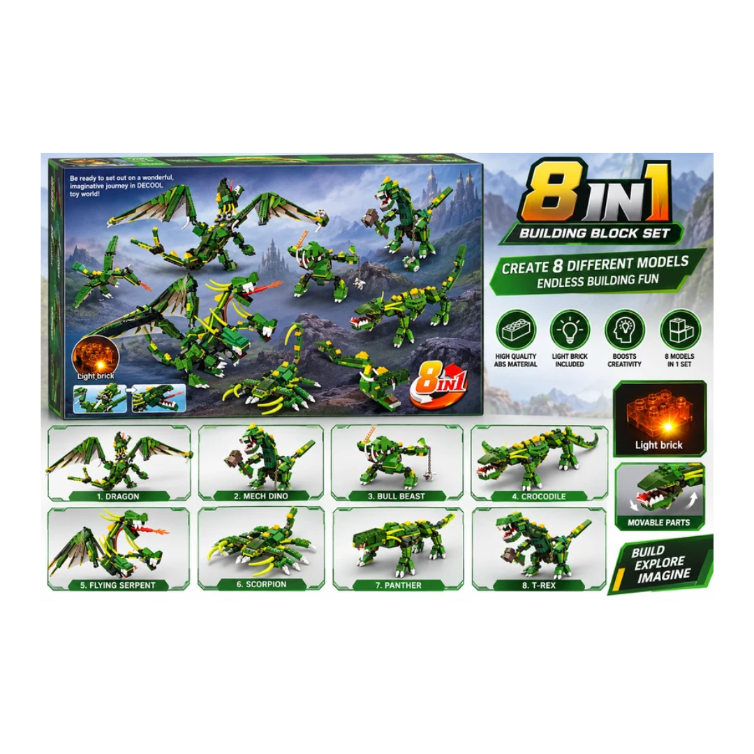 JiSi Bricks Architect 8-in-1 Green Dragon Building Blocks Set with Light Brick – 598+ PCS 6Y+
