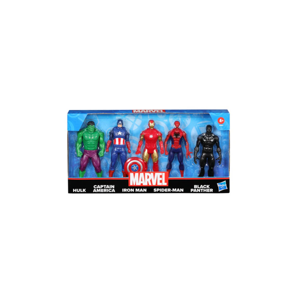 Marvel 6-Inch Hulk, Captain America, Iron Man, Spider-Man, & Black Panther Action Figure Set with Shield Accessory