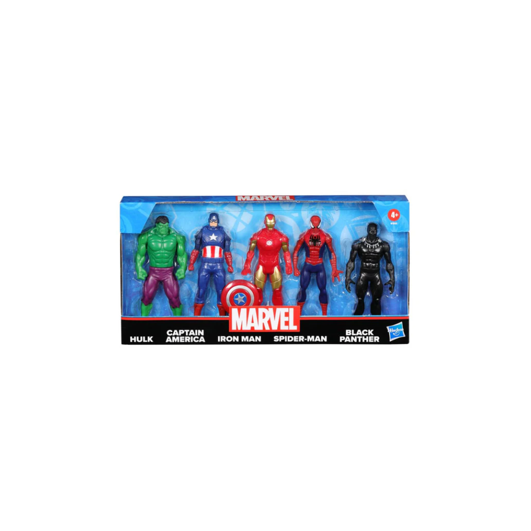 Marvel 6-Inch Hulk, Captain America, Iron Man, Spider-Man, & Black Panther Action Figure Set with Shield Accessory