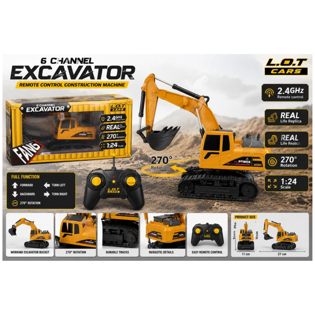 Lot Fang 6 Channel RC Excavator 2.4GHz Remote Control Construction Toy – 1:24 Scale