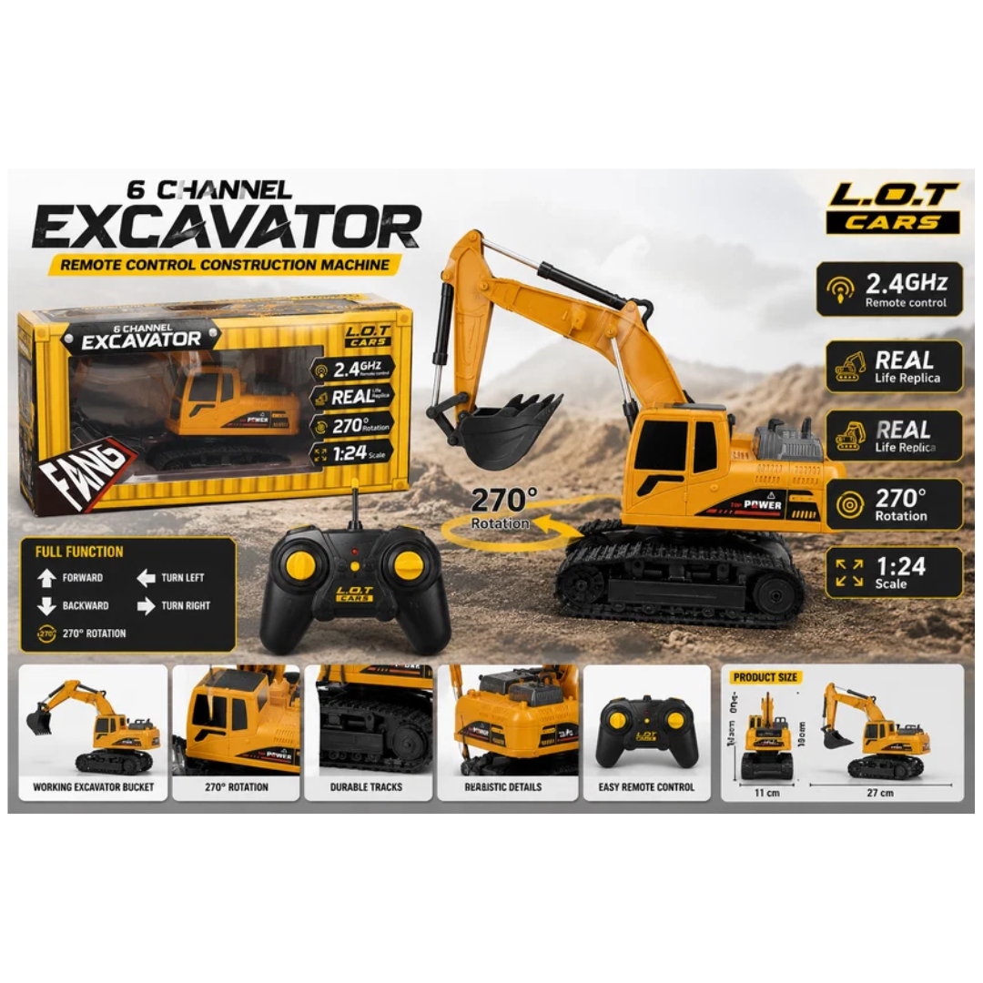Lot Fang 6 Channel RC Excavator 2.4GHz Remote Control Construction Toy – 1:24 Scale