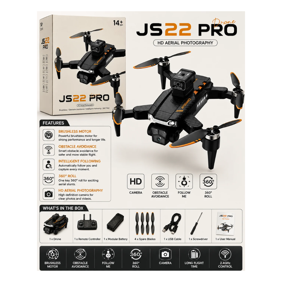 S22 Pro Foldable Camera Drone with Brushless Motor, Obstacle Avoidance & 360° Roll – 14+