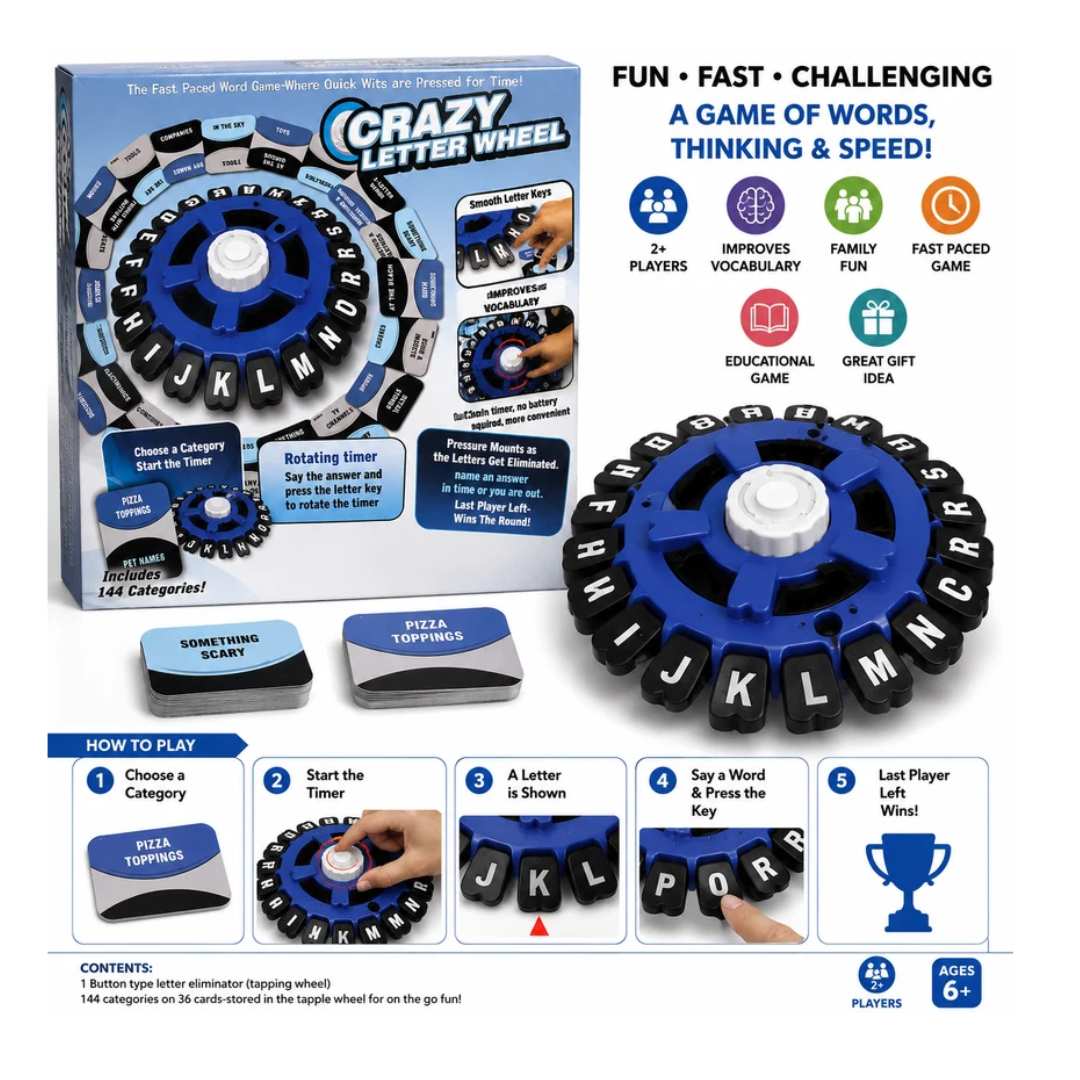 Crazy Letter Wheel – Fast-Paced Family Word Game Educational Party Board Game for Kids & Adults