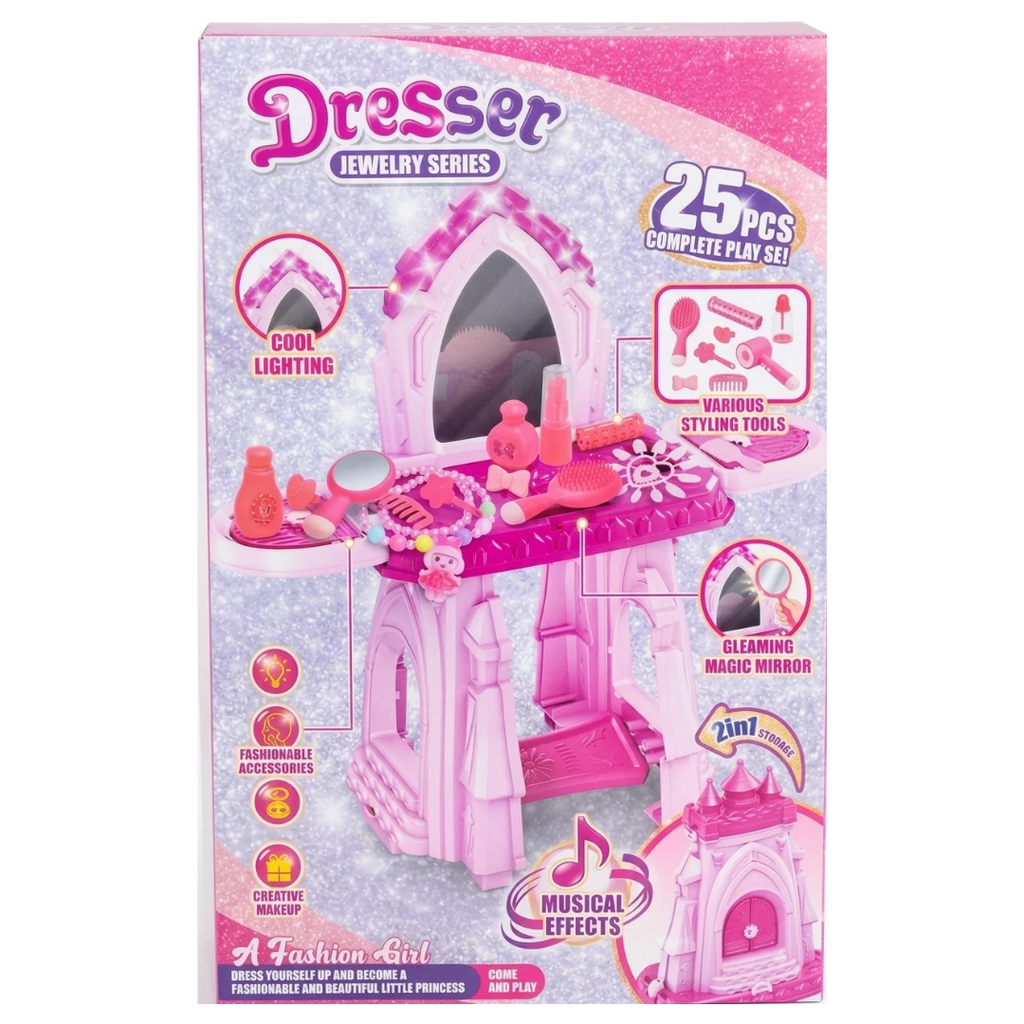 Kids Princess Dressing Table & Jewelry Set – 25 Pcs Fashion Vanity Set with Cool Lighting