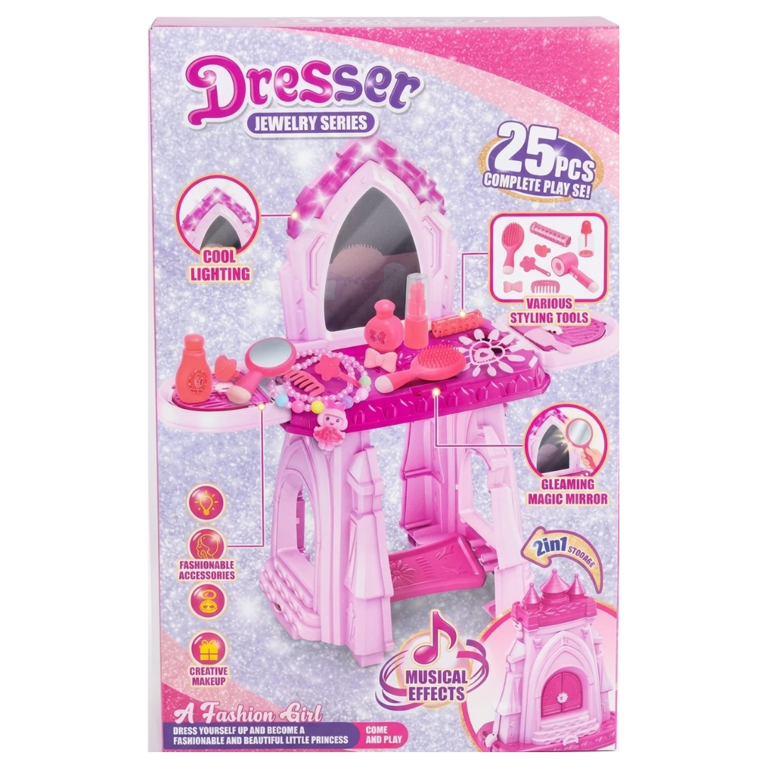 Kids Princess Dressing Table & Jewelry Set – 25 Pcs Fashion Vanity Set with Cool Lighting