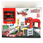 Fire Garage DIY 24 Pcs Building Set with Fire Trucks, Helicopter & Road Map – 1:64 Alloy Cars