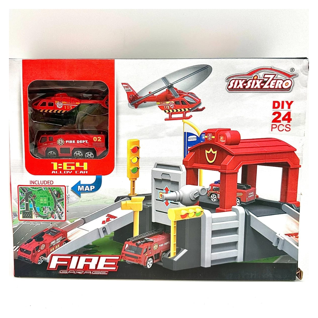 Fire Garage DIY 24 Pcs Building Set with Fire Trucks, Helicopter & Road Map – 1:64 Alloy Cars