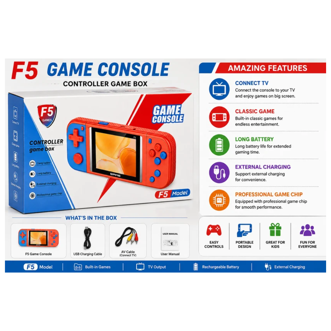 F5 Portable Game Console with Classic Games, TV Support & Long Battery