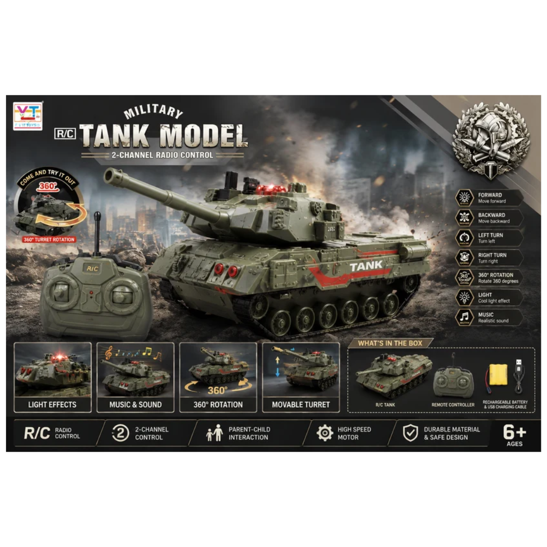 Military Remote Control Battle Tank with Remote Control, Lights & Sound – 360° Rotation