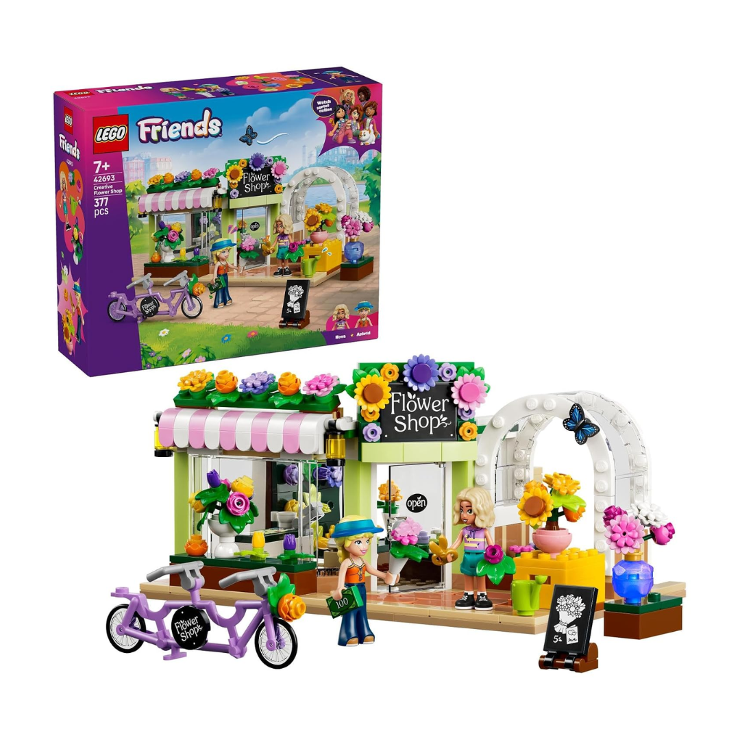 LEGO Friends Creative Flower Shop Building Set 42693, 377 Pieces, Flower Store with 2 Minidolls & Tandem Bicycle – 7+ Years
