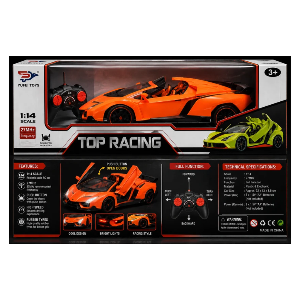 Rainbow Toys 1:14 Scale Top Racing Remote Control Sports Car – 27MHz RC Car with Push-Button Doors