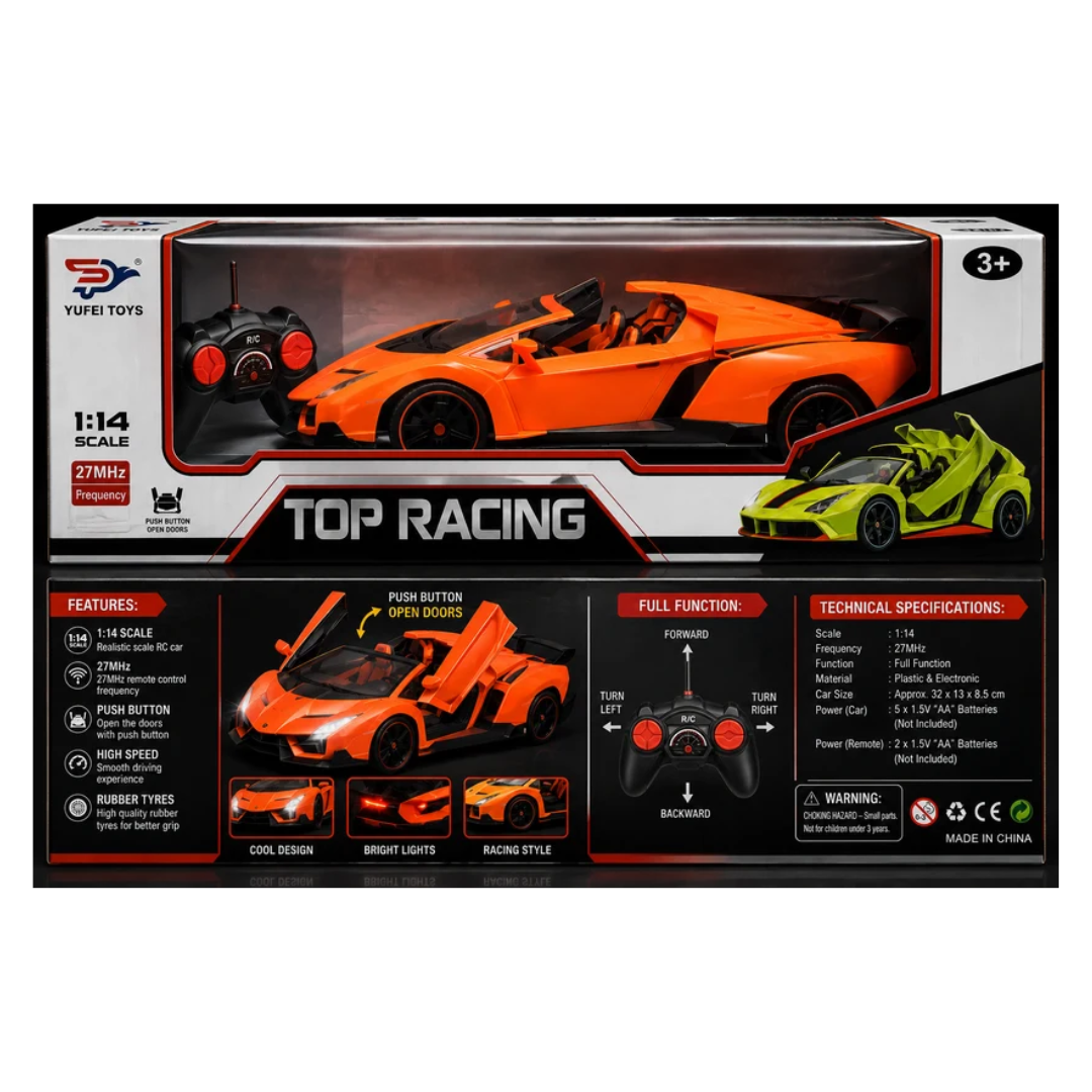 Rainbow Toys 1:14 Scale Top Racing Remote Control Sports Car – 27MHz RC Car with Push-Button Doors