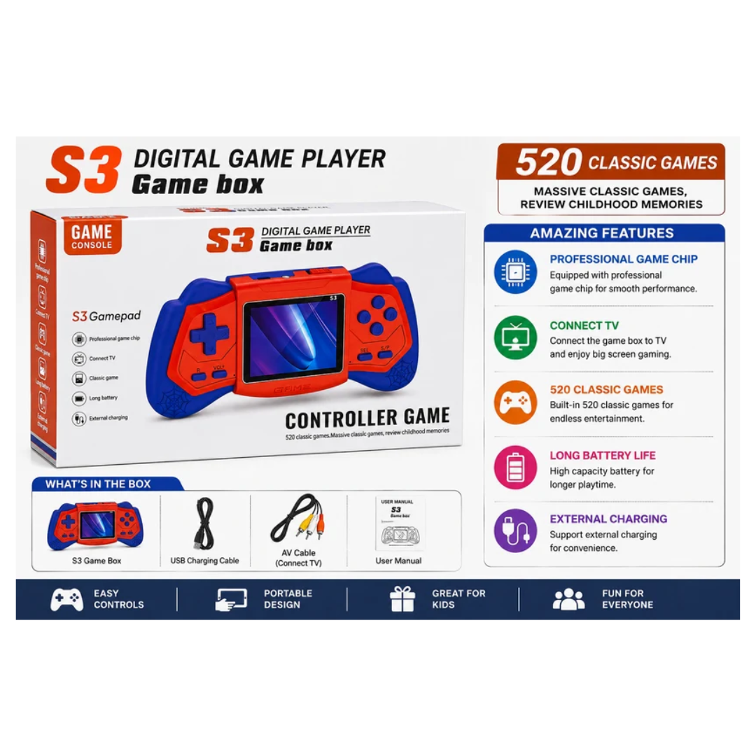 S3 Digital Game Player with 520 Classic Games, TV Support & Gamepad