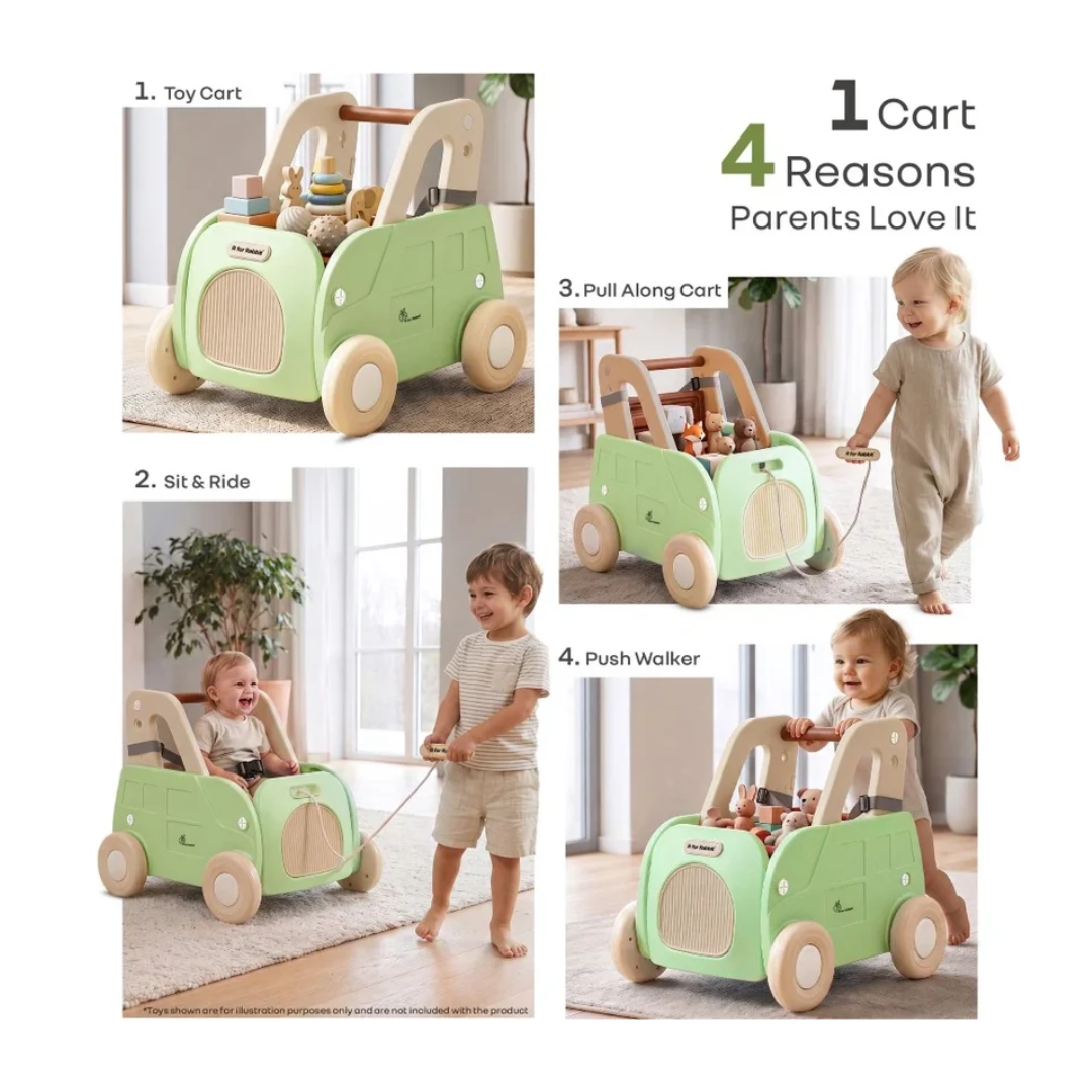 R For Rabbit Kiddie Kart 4 in 1 Kids Toy Storage Cart, Sit & Ride, Push Walker & Pull Along Green Beige