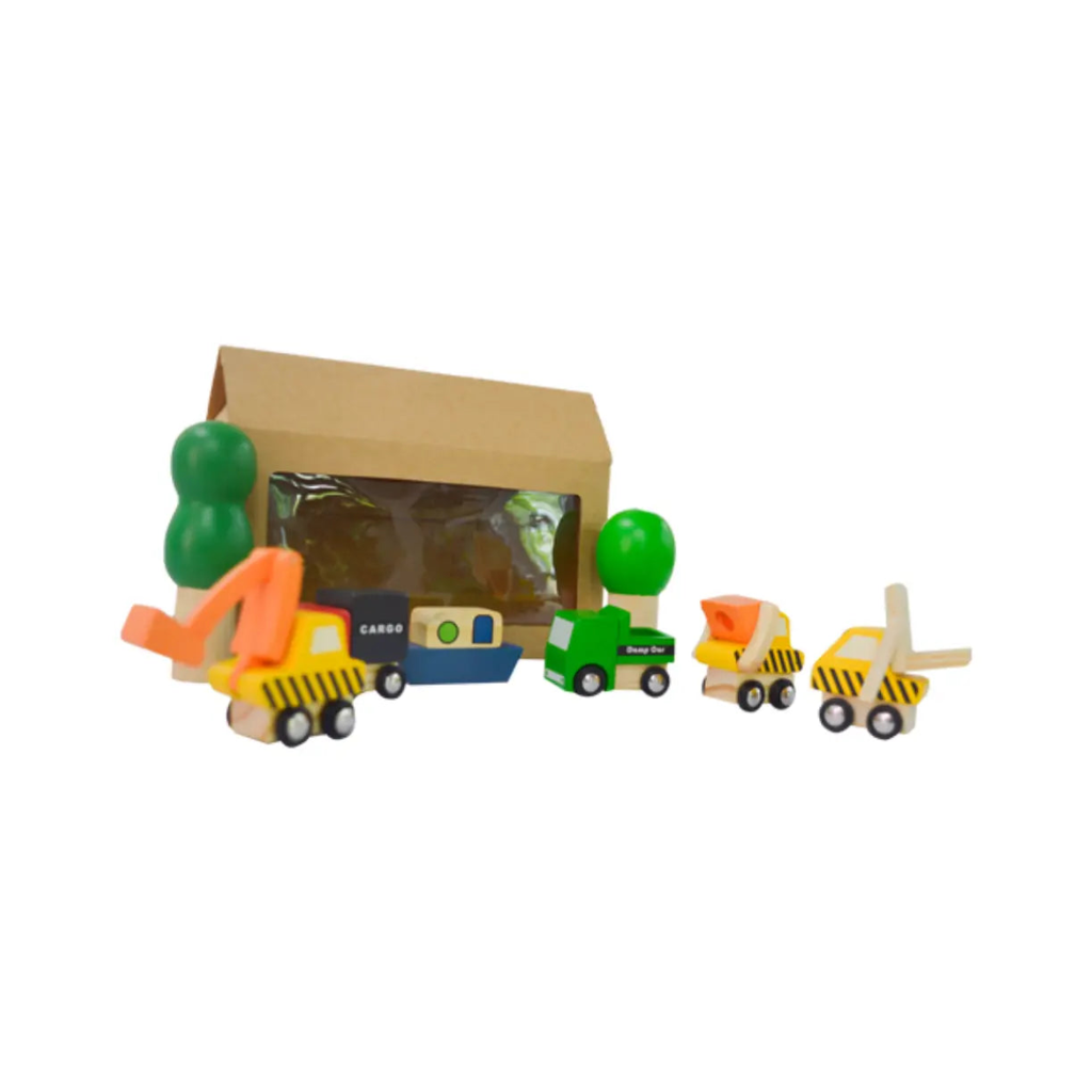Playblox 'Township' Wooden Vehicle Playset – Mini City Cars & Construction Trucks Toy Set in Interactive House Display Box