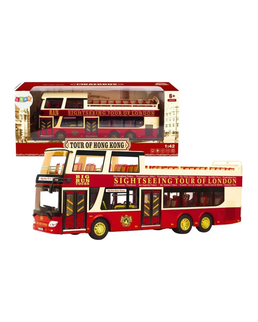 Tour of Hong Kong Big Bus Toy Sightseeing Double Decker Bus Model, 1:42 Scale, 6+ Years