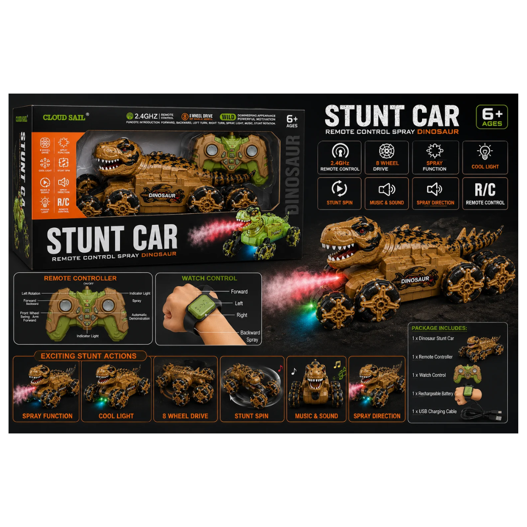 Cloud Sail Remote Control Dinosaur Stunt Car with Spray, Lights & Music – 2.4GHz