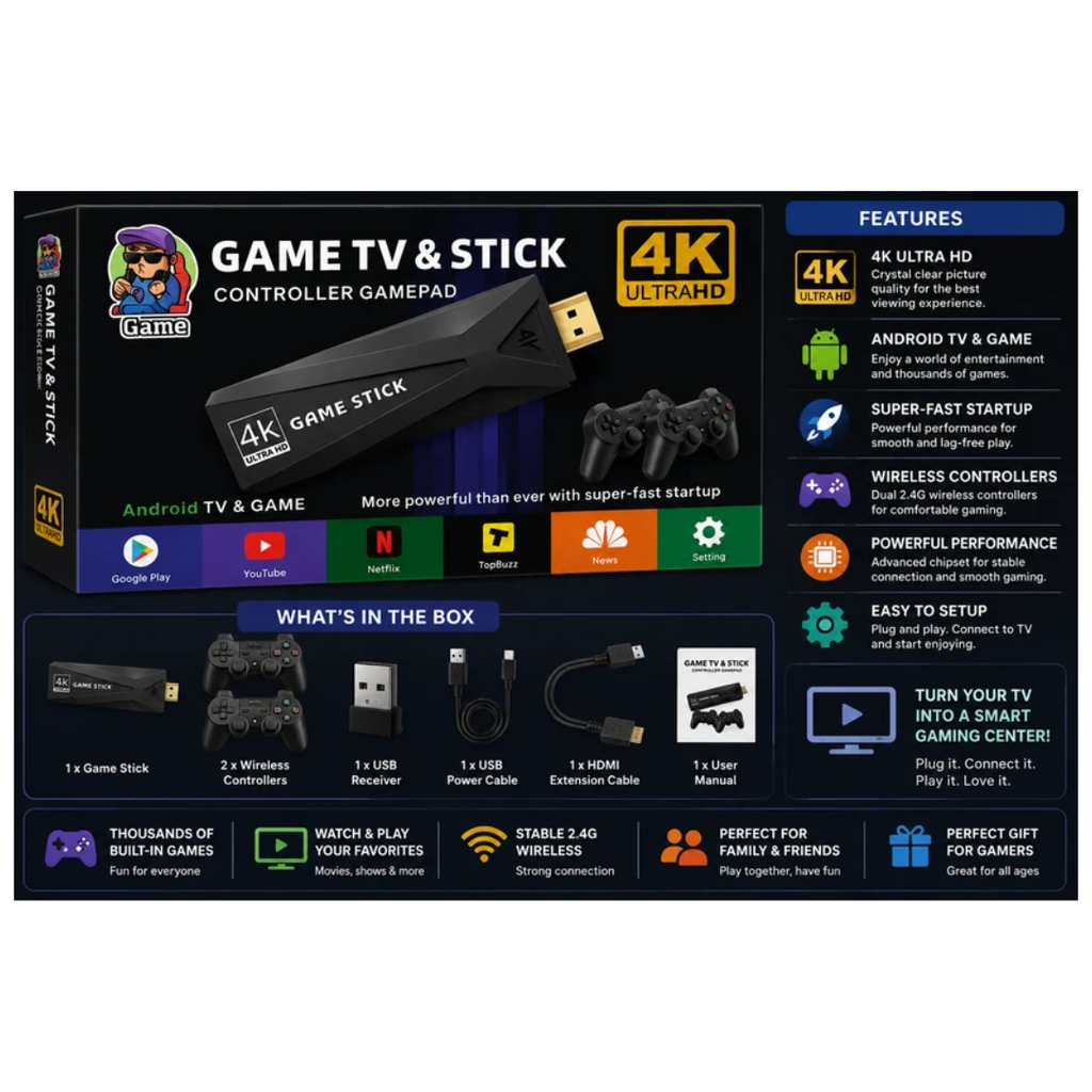 4K Ultra HD Game TV Stick with Dual Wireless Game Controllers – Android TV & Gaming Stick