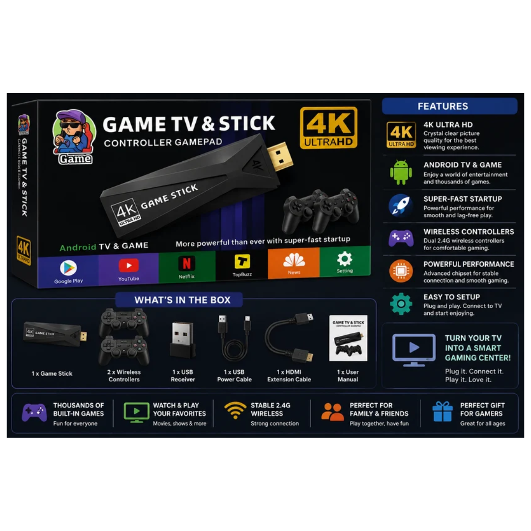 4K Ultra HD Game TV Stick with Dual Wireless Game Controllers – Android TV & Gaming Stick