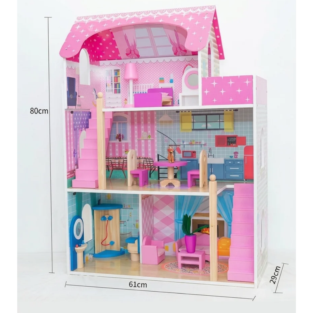 Rainbow Toys Pink Doll Room Wooden Dollhouse with Furniture Set for Kids