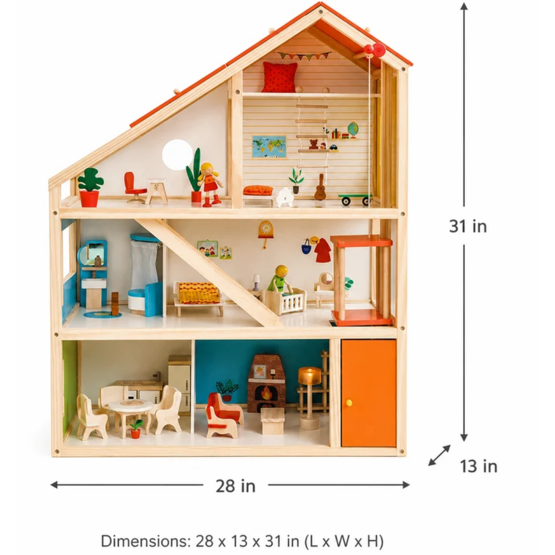 Rainbow Toys Open wooden dollhouse – 2 floors with furniture