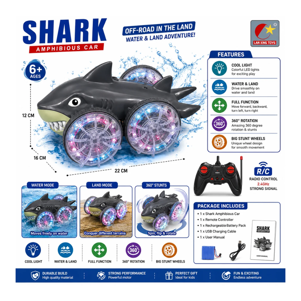 Remote Control Shark Amphibious 360° Stunt RC Car with Cool Lights – Water & Land