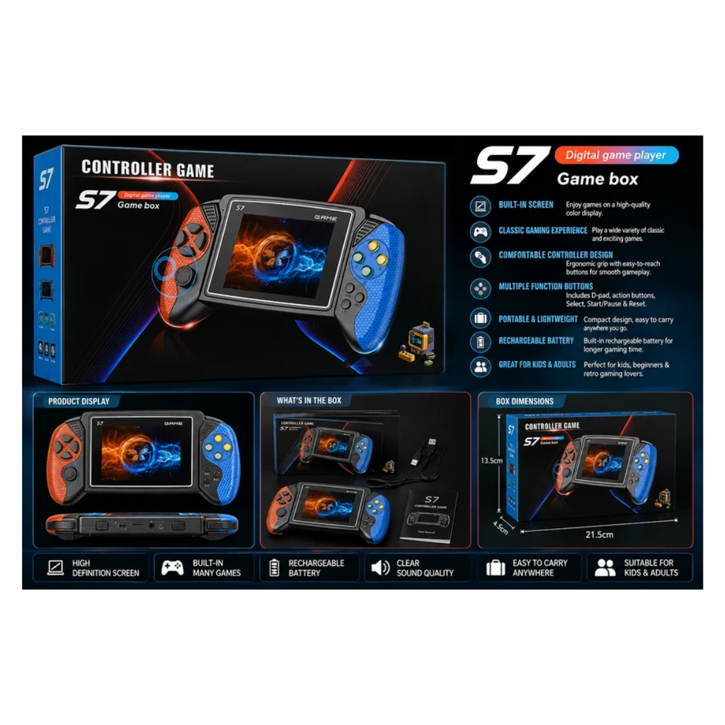S7 Digital Game Player – Portable Handheld Controller Game Console for Kids