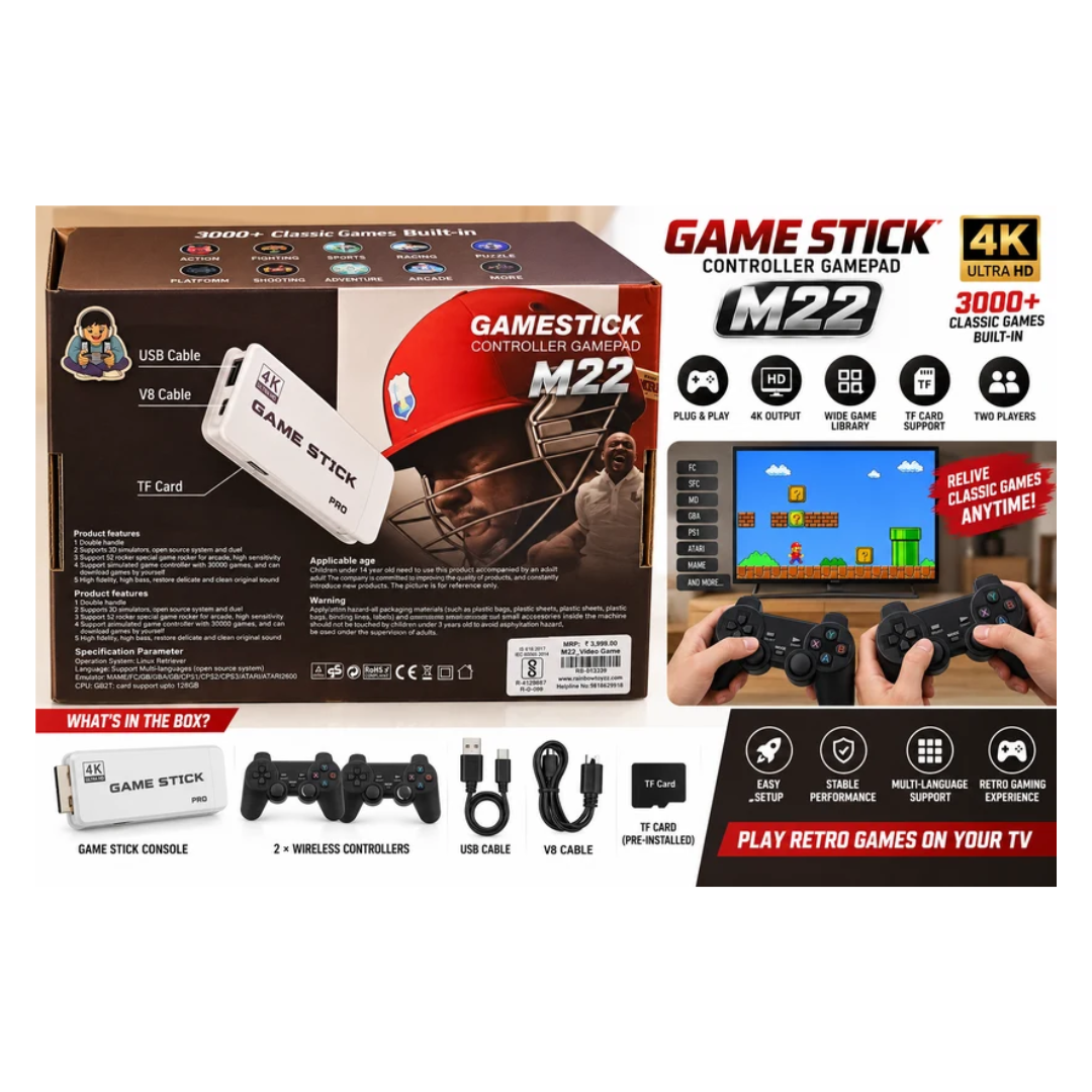 M22 Retro Game Stick Console with Dual Wireless Controllers – 1080P 52 Emulators