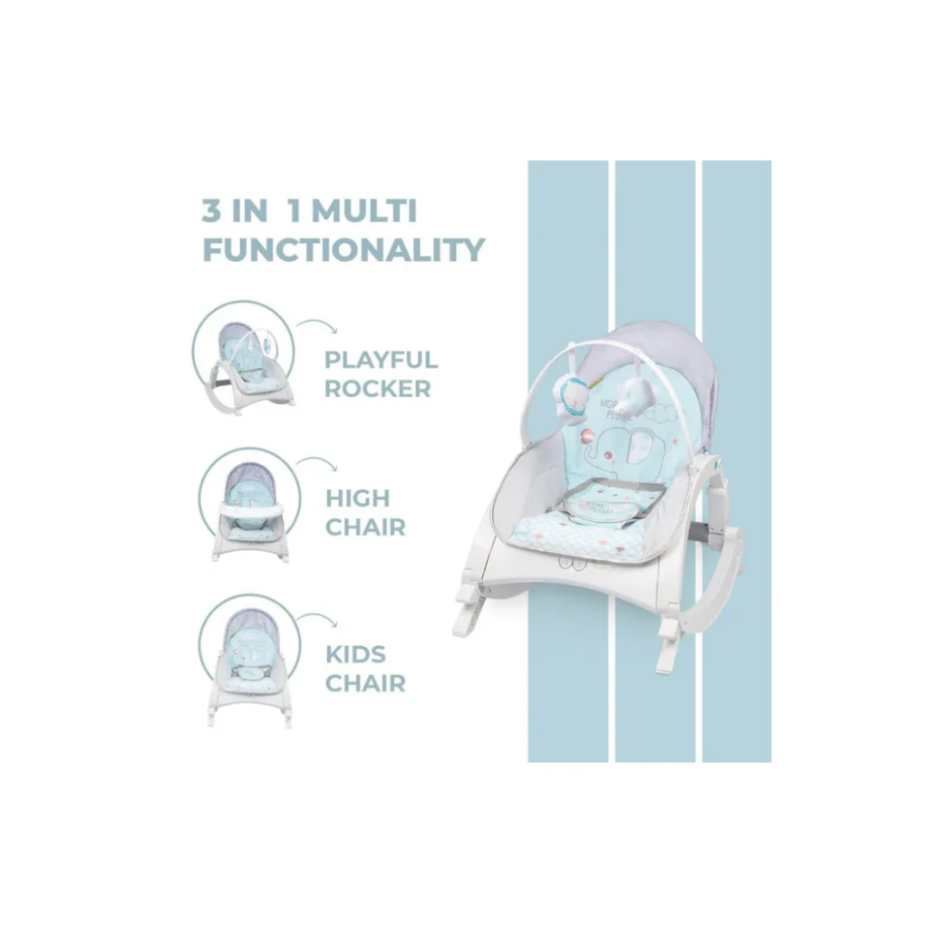R For Rabbit 3 in 1 Rock N Play Rocker - Adjustable Backrest Recline, Detachable Toy Bar, Soothing Music & Vibration, Adjustable Green Grey