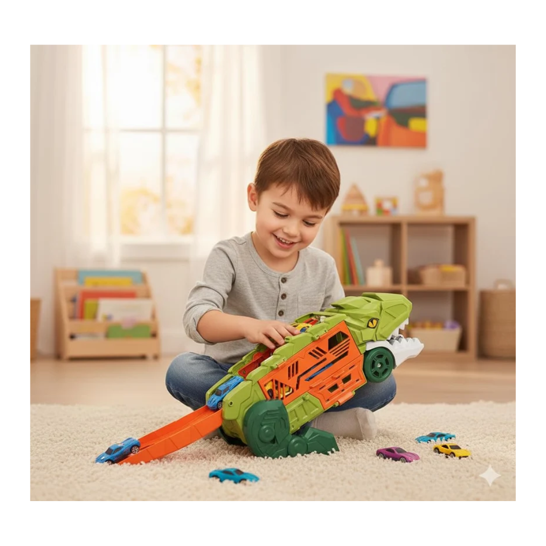 Dino Parking Lot 2-in-1 Transforming Dinosaur Car Carrier Truck Playset with Alloy Cars