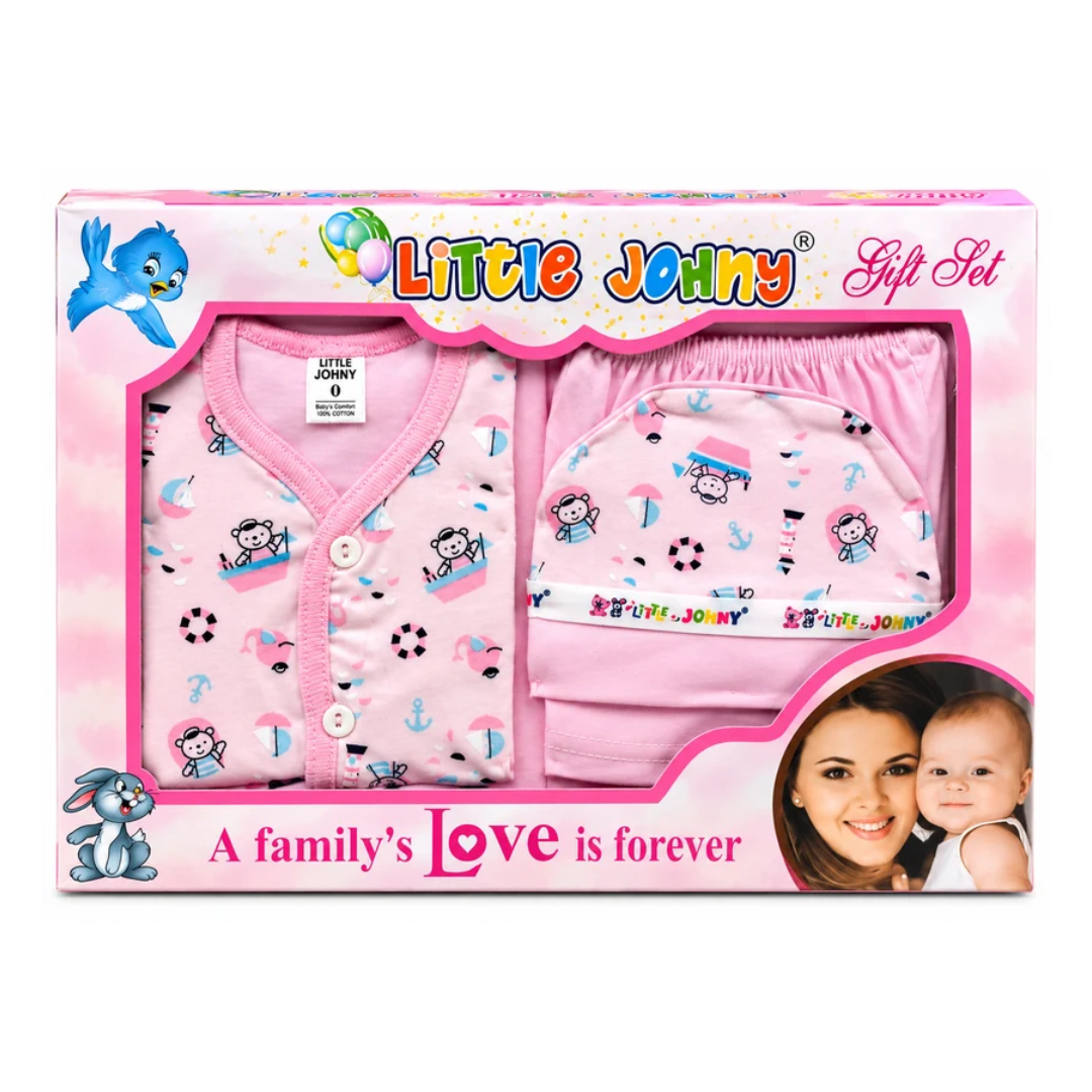 Little Johny Newborn Baby 100% Cotton Clothing Gift Set with Cap – Pink