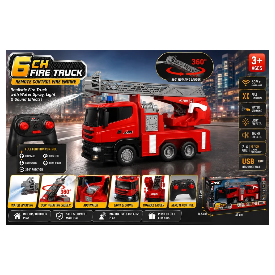 6CH Remote Control Fire Truck with Water Spray, Light & Sound