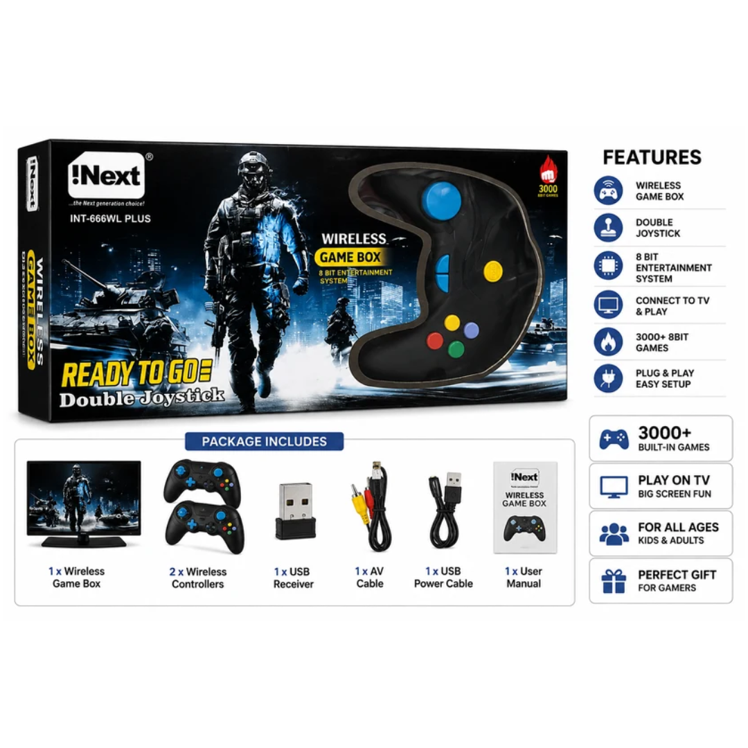 iNext INT-666WL Plus Wireless Game Box – 3000 Built-in 8-Bit Games with Double Joystick