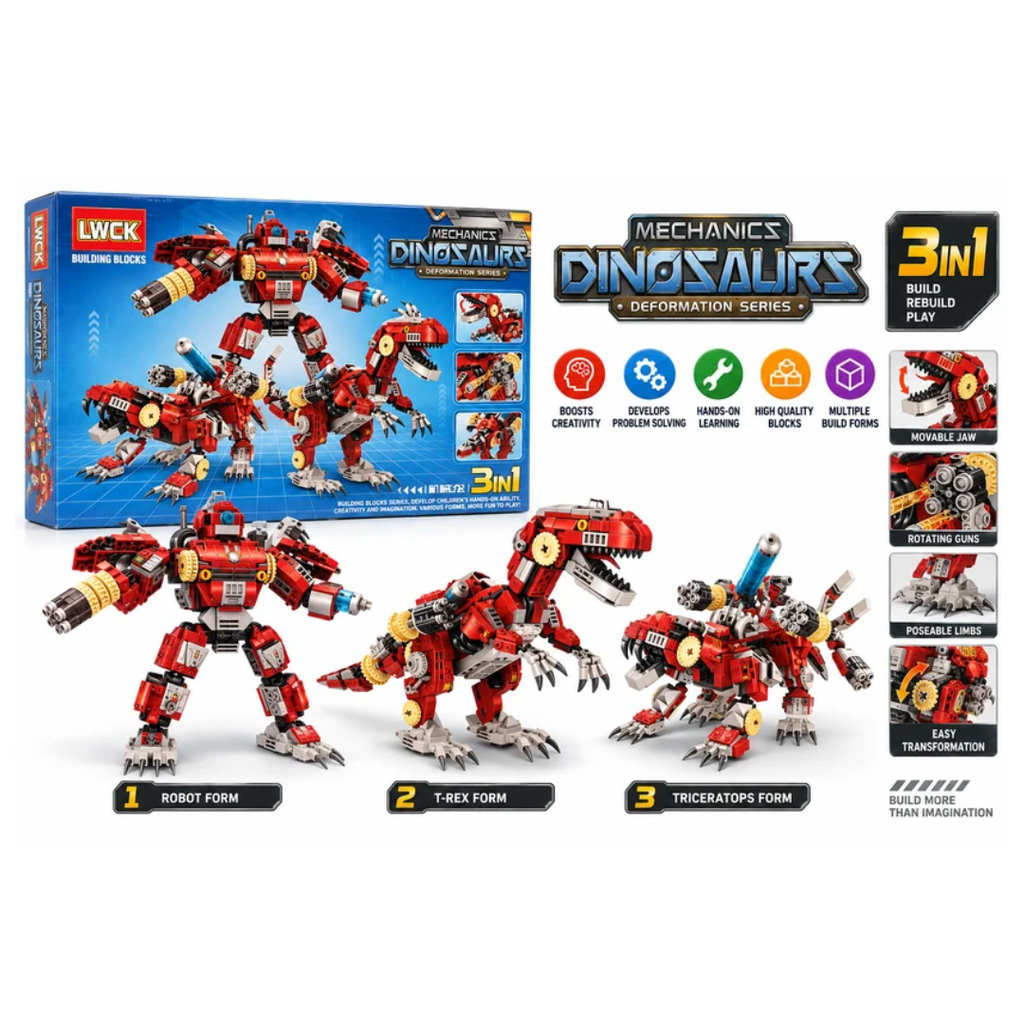LWCK Mechanics Dinosaur Deformation 3-in-1 Velociraptor Building Blocks – 858+ PCS