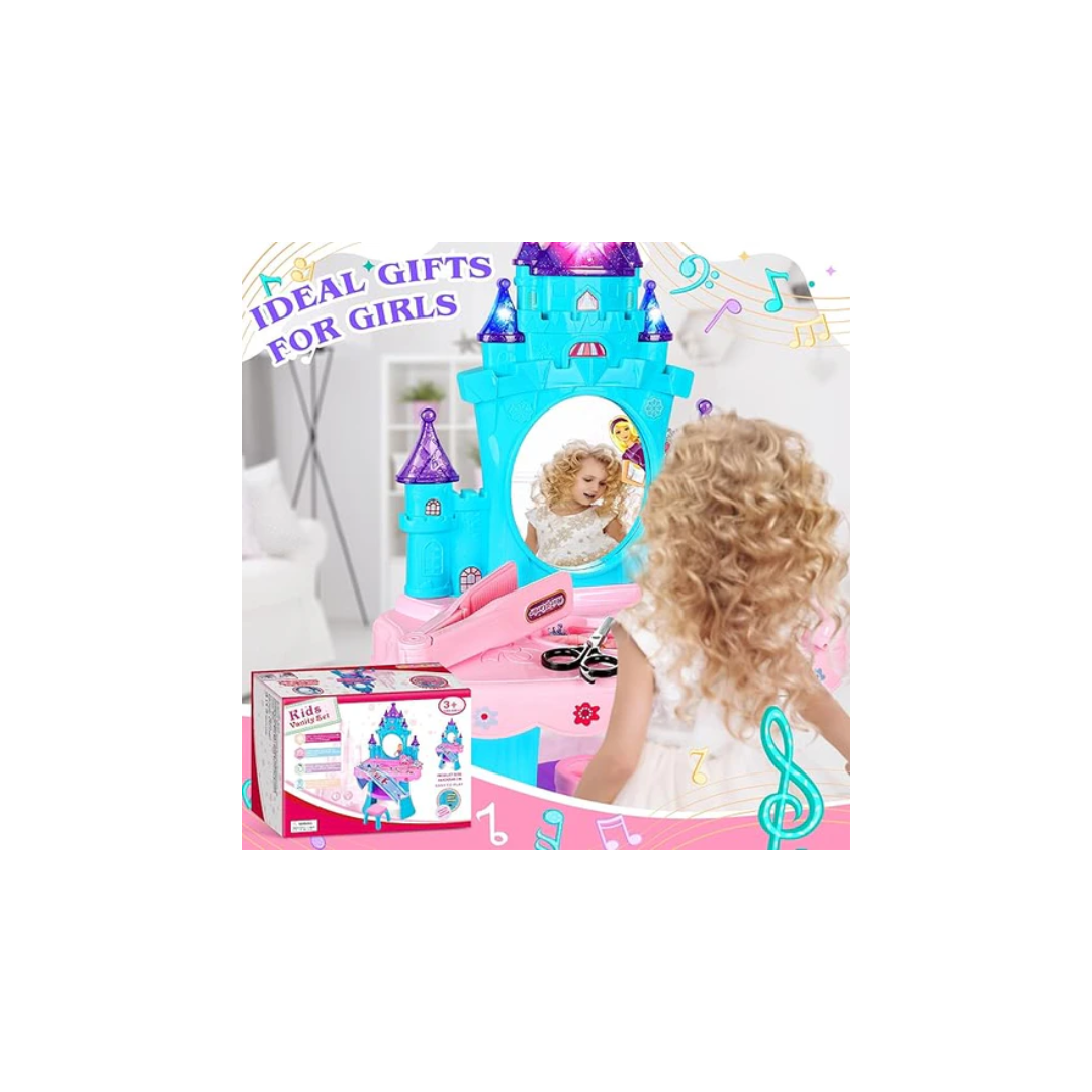 Rainbow Toys  Makeup Vanity Table and Chair Set with Mirror, Light and Music, Little Girl Vanity with Hair Salon