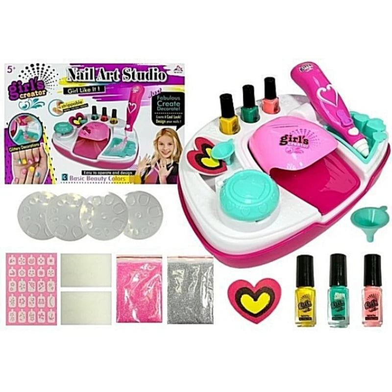 Girl's Creator DIY Nail Art Studio Kit – Kids Beauty Salon Playset with Non-Toxic Peel-Off Nail Polish & Glitter Decorator Pen (Ages 5+)