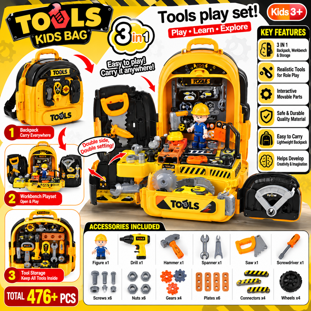 3-in-1 Kids Tool Play Set Backpack | Portable Pretend Repair & Workshop Kit for Kids 3+