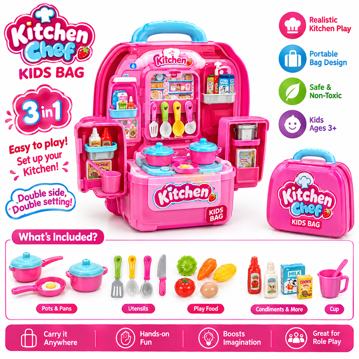 Xiong Cheng 3 in 1 Kitchen Chef Backpack Playset | Portable Pretend Cooking Toy | Ages 3+