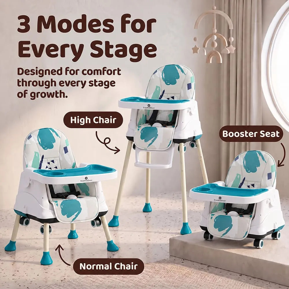 StarAndDaisy 3-in-1 Baby High Chair with Adjustable Double Tray & 3-Point Safety Belt – Blue & White